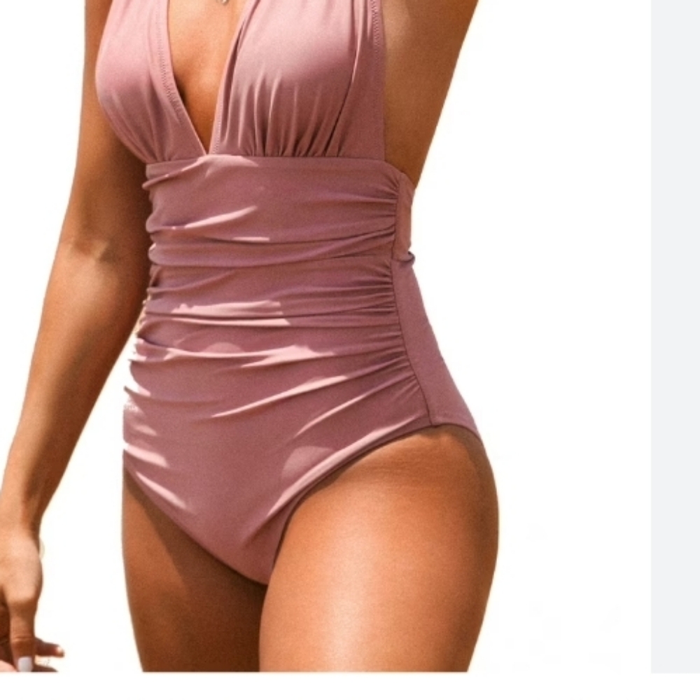 Cupshe Pink Ruched Plunge Halter One-Piece Swimsuit - Picture 7 of 7